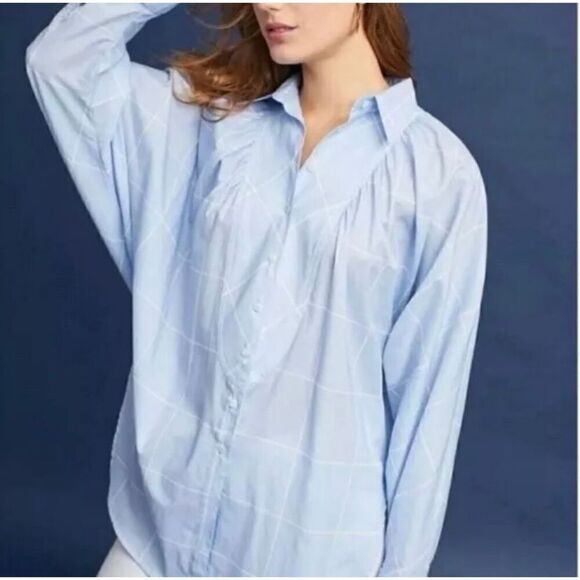 Anthropologie Maeve Windowpane 3/4 Dolman Sleeve High Low Hem Button Down Blouse - Picture 1 of 11